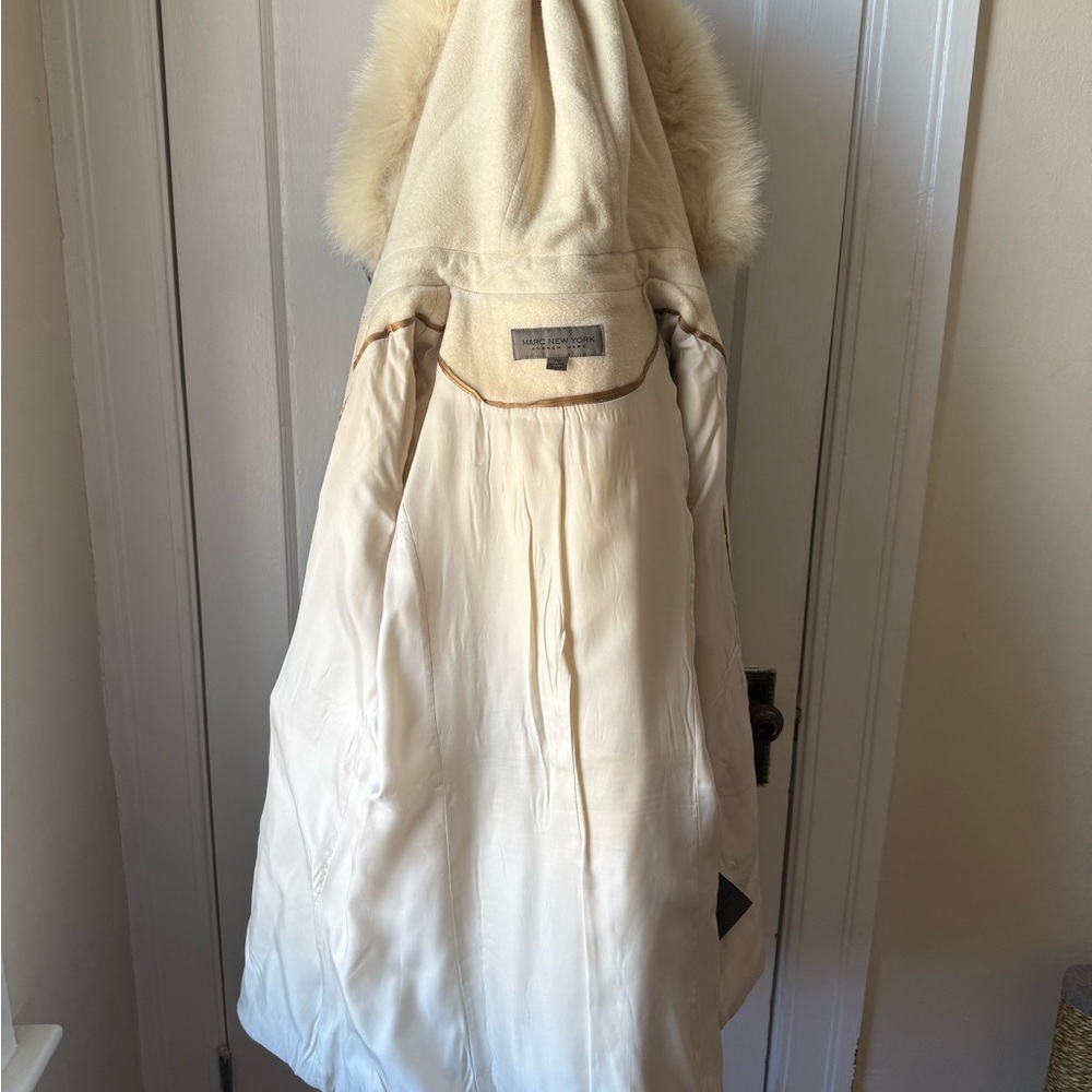 Marc New York, Andrew Marc Cream Wool Coat with 100% Fox Fur Hood from Finland - Picture 16 of 16